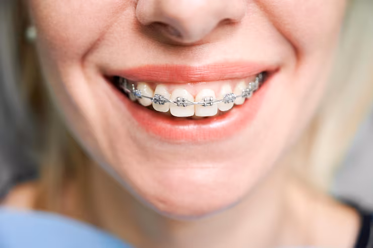 Young woman smiling with orthodontic braces